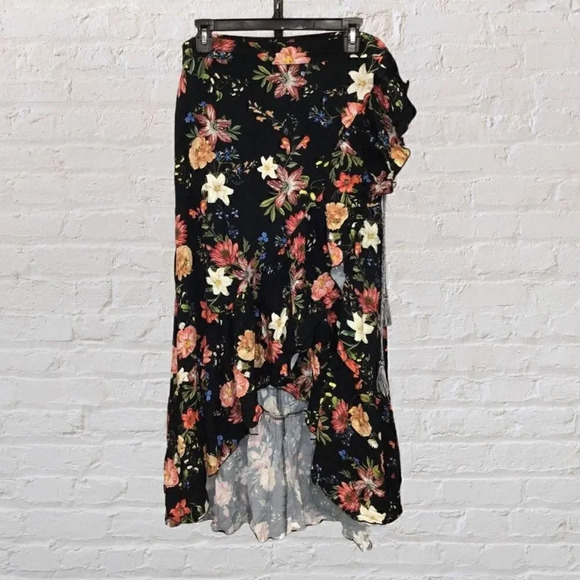 NWT Farm Rio Anthropologie Black Floral High-Low Maxi Wrap Skirt